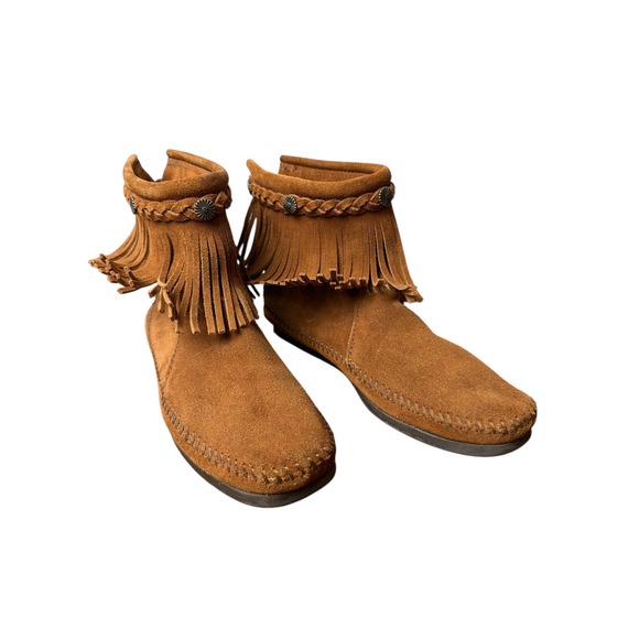 Minnetonka Brown Suede Fringe Moccasin Ankle Boots Zip Closure Women Size 7 - Picture 2 of 9